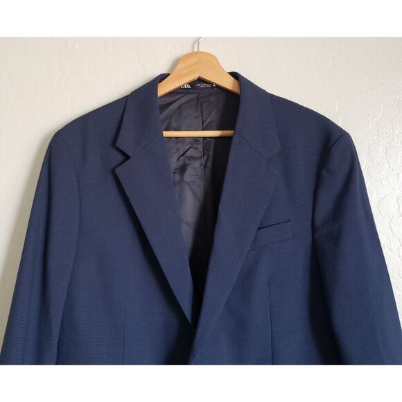 Zara Houndstooth Blazer Suit Jacket Coat Navy Blue Sz Men's 40 Regular Fit Lined - Picture 3 of 13